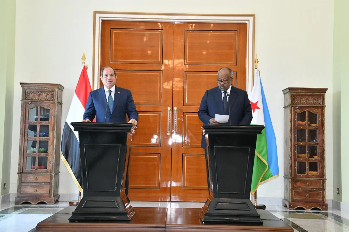 أثناء المؤتمر الصحفي للرئيس المصري ونظيره الجيبوتي