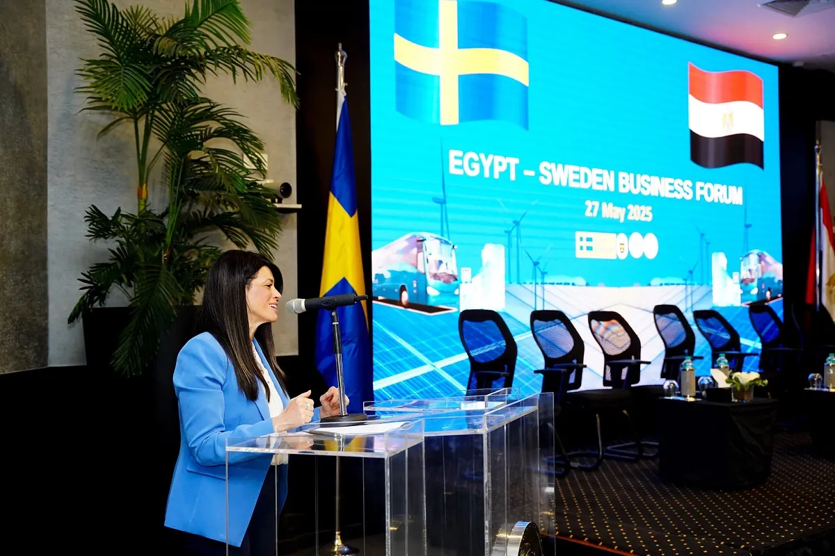 وزيرة التخطيط خلال القاء كلمتها بمنتدى الأعمال المصري السويدي