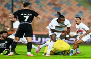 فرحة شيكو بانزا لاعب الزمالك بهدفه في مرمى البنك الأهلي