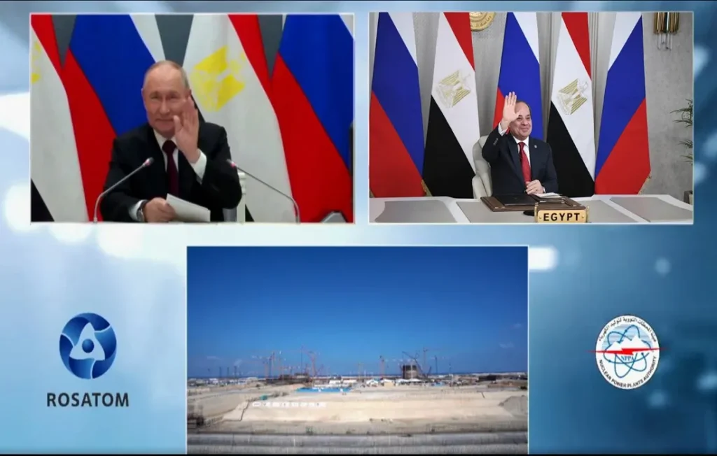 الرئيس الروسي ونظيره المصري في مراسم تركيب وعاء ضغط المفاعل للوحدة النووية الأولى بمحطة الضبعة النووية