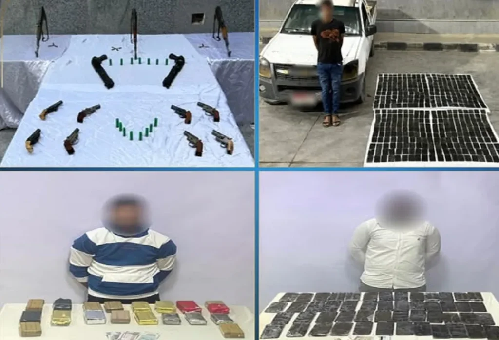 جانب من عناصر التشكيل وأمامهم المضبوطات من المخدرات والأسلحة