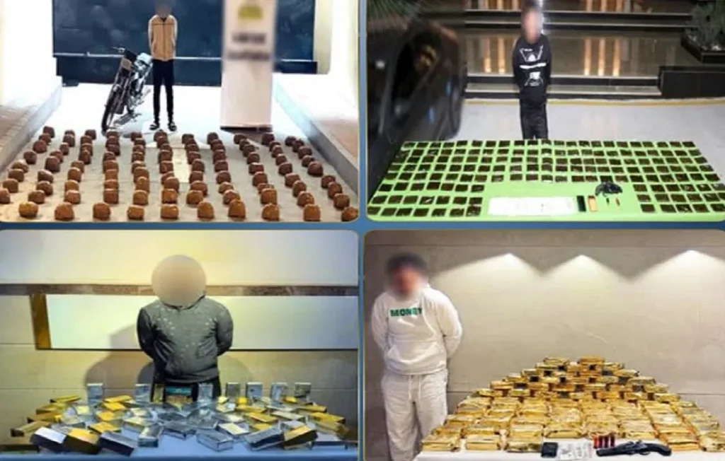 متهمون آخرون وأمامهم جانب من المخدرات والأسلحة