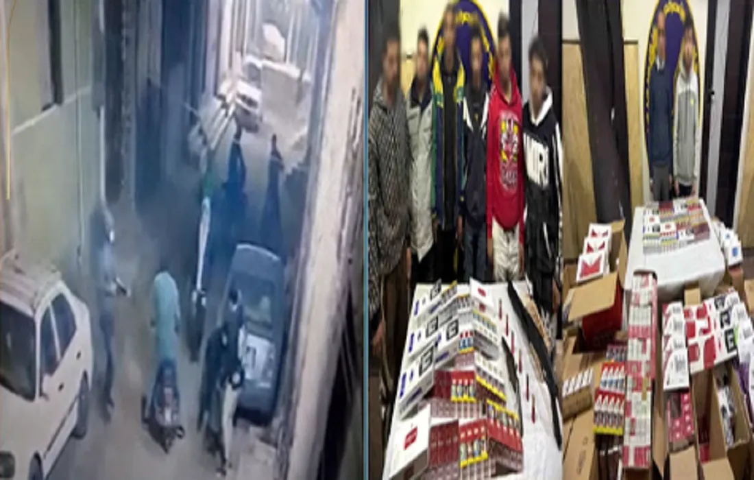 ضبط المتهمين الستة وأمامهم المضبوطات – والصورة على اليسار فهي صور مُلتقطة من الفيديو