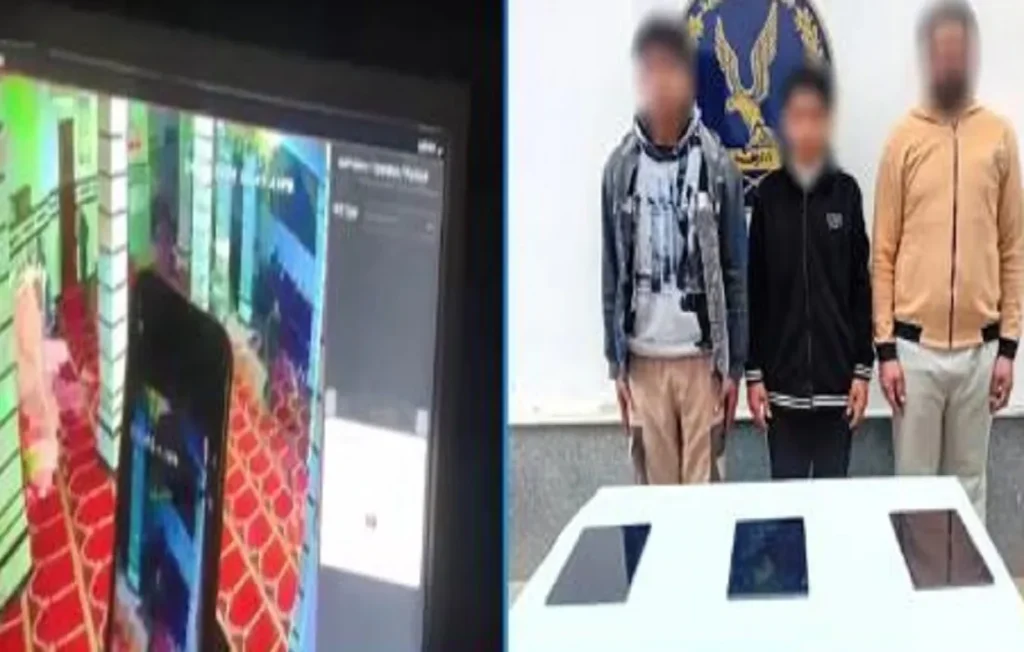 أصحاب الشنطة المسروقة في الجانب الأيمن .. وفي الجهة الأخرى صورة تبين المتهم وهو يقوم بواقعة سرقة الحقيبة من المسجد
