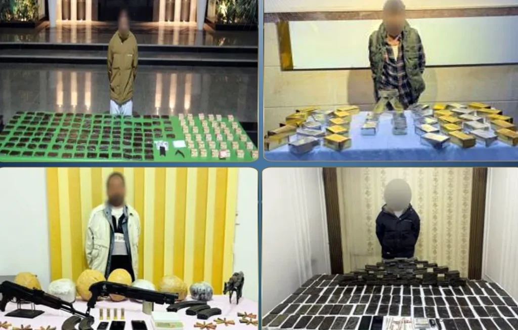 بعض المتهمين وأمامهم جانب من المخدرات والأسلحة