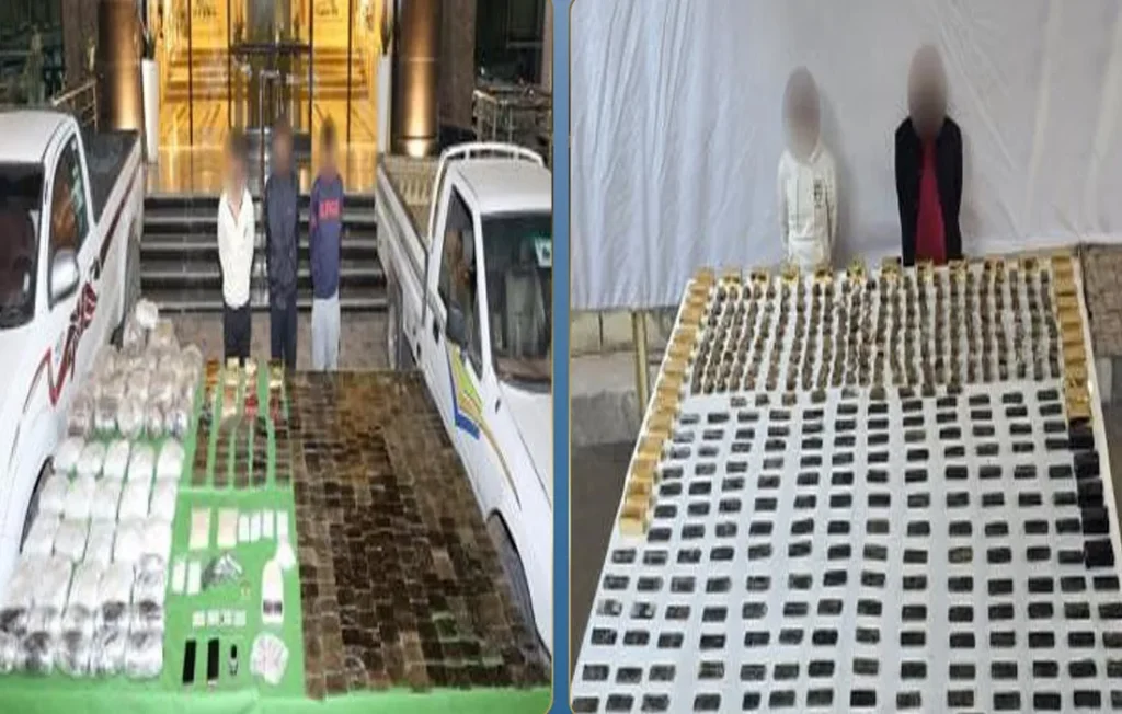 جانب من المتهمين وبعض المخدرات المضبوطة