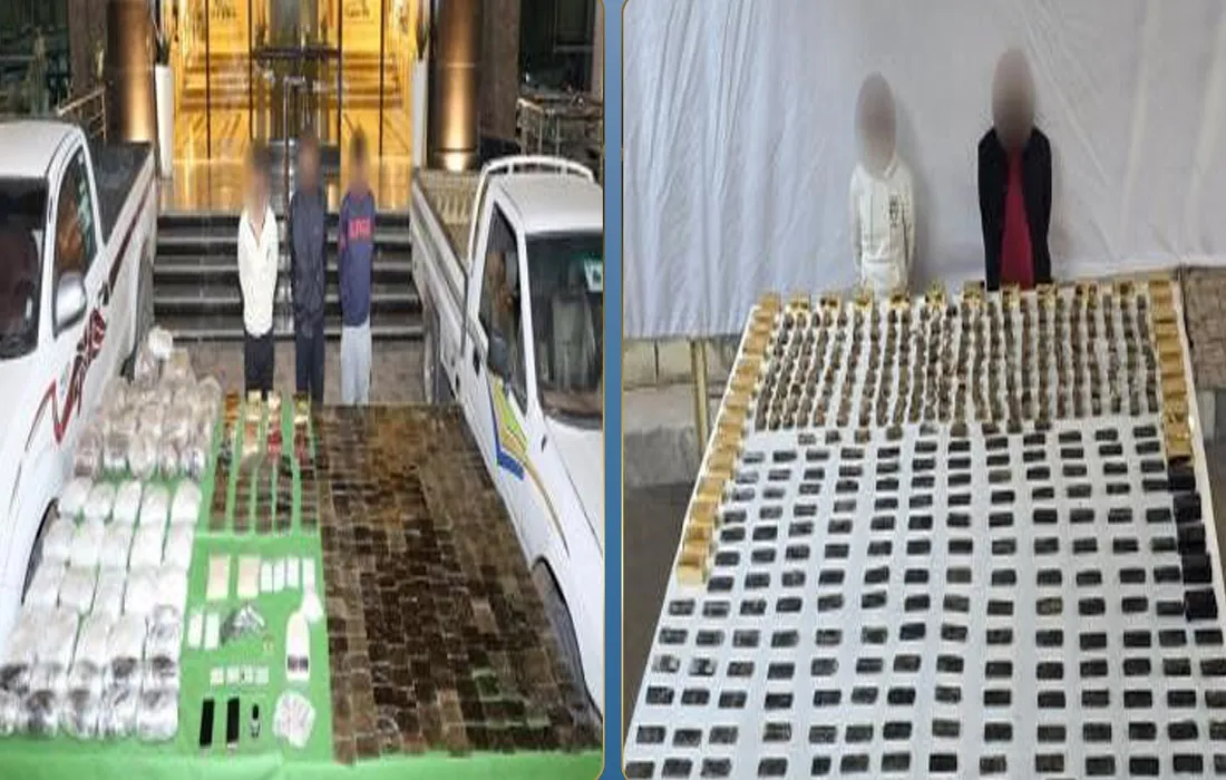 جانب من المتهمين وبعض المخدرات المضبوطة