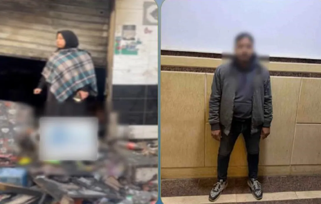 المتهم الذي قام بالانتقام من طليقته على اليمين بعد اقبض عليه .. وعلى اليسار المحل وطليقة المتهم