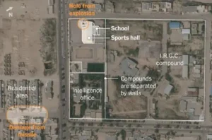 رسم توضيحي للمدرسة والصالة الرياضية التي تم ضربها صاروخ أمريكي متطور