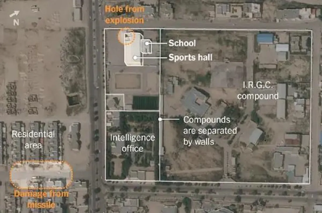 رسم توضيحي للمدرسة والصالة الرياضية التي تم ضربها صاروخ أمريكي متطور