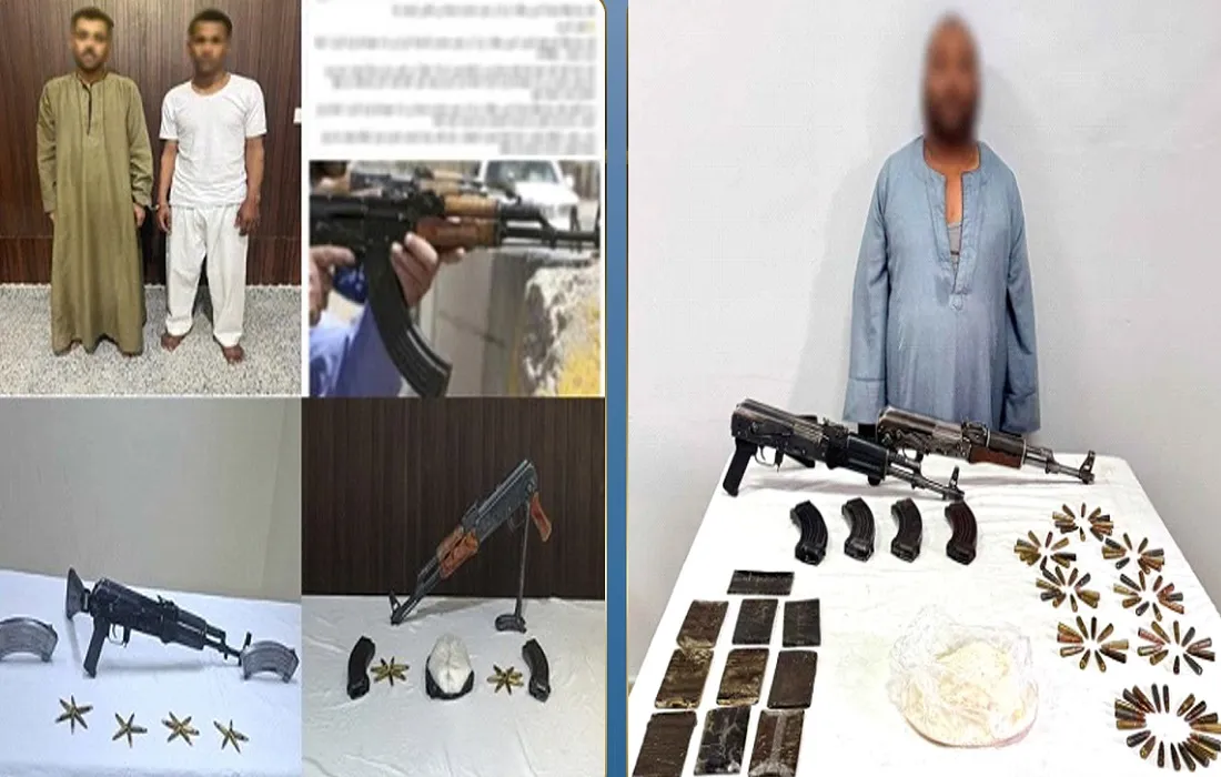 في الصورة على اليمين المتهم الرئيسي في قضية قنا وأمامه الأسلحة – والصورة على اليسار لمتهمان آخران