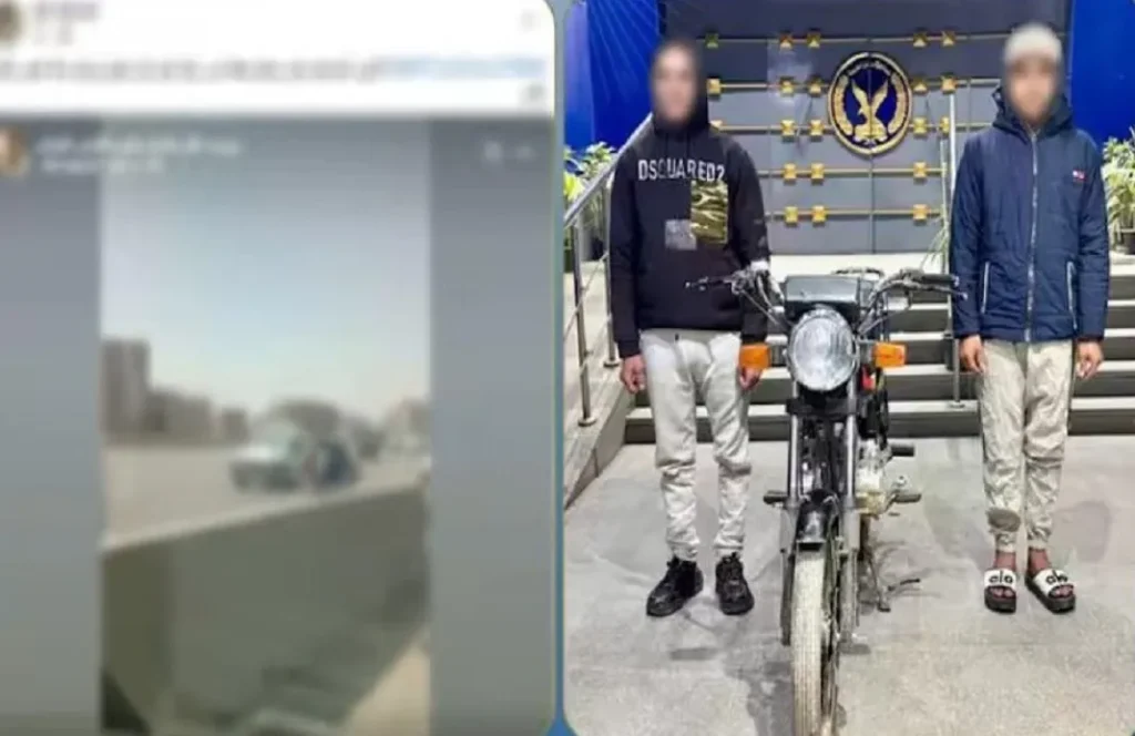 المتهمان على اليمين بعد ضبطهما بمعرفة رجال الأمن – وعلى اليسار صورة من واقع فيديو مسجل وهما على الطريق الدائري