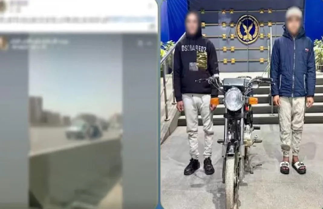 المتهمان على اليمين بعد ضبطهما بمعرفة رجال الأمن – وعلى اليسار صورة من واقع فيديو مسجل وهما على الطريق الدائري