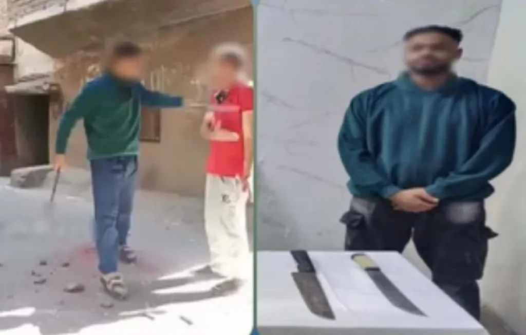 المتهم على اليمين بعض القبض عليه .. والصورة على اليسار وهو يلوح بالسلاح الأبيض في وجه المجني عليه