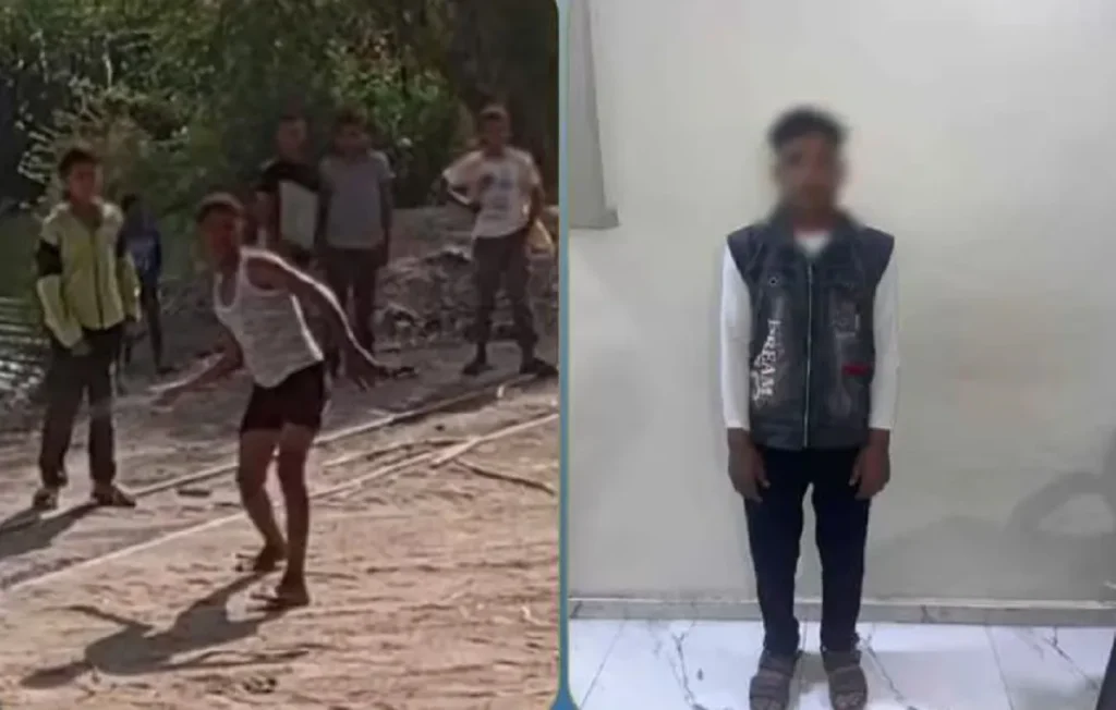 الصورة على اليمين بعض القبض على الصبي – والصورة على اليسار أثناء إلقاؤه الحجارة على القطار