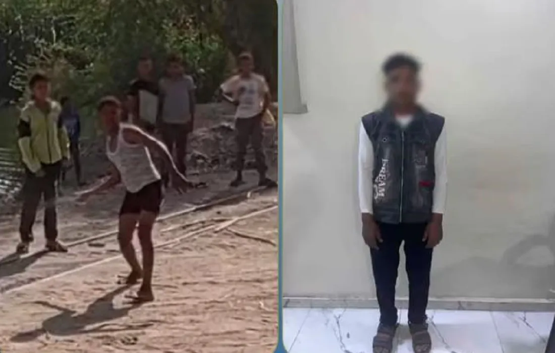 الصورة على اليمين بعض القبض على الصبي – والصورة على اليسار أثناء إلقاؤه الحجارة على القطار