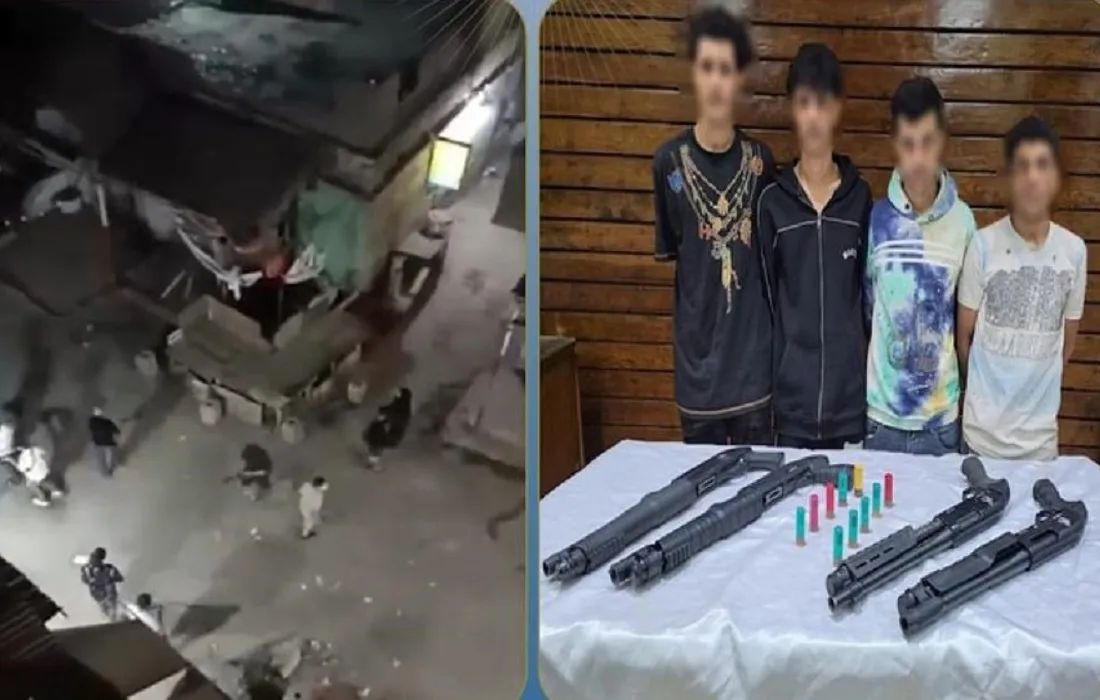 المتهمون وهم في ضيافة قسم شبرا الخيمة وأمامهم الأسلحة المستخدمة في الواقعة – والصورة التي على اليسار من واقع الحادث