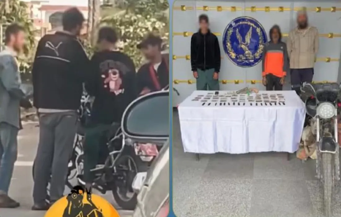 الصورة على اليمين للمتهمين وأمامهم المضبوطات من المخدرات – والصورة على اليسار أثناء عملية لتبادل المواد المخدرة