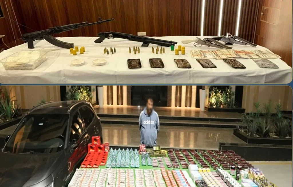 أحد المتهمين وبعض المضبوطات من المخدرات والأسلحة
