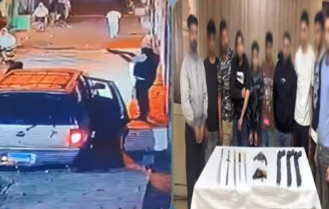 المتهمون على اليمين وأمامهم الأسلحة المستخدمة في واقعة كرداسة .. وعلى اليسار صورة من الواقعة متخذة من واقع فيديو مسجل