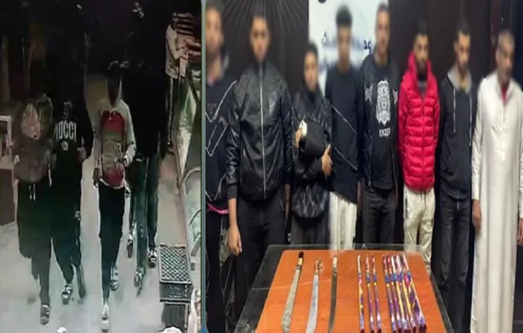 أبطال المشاجرة الدامية في العمرانية على اليمين وأمامهم الأسلحة المستخدمة في الواقعة – والصورة على اليسار مشهد حي من خلال فيديو مسجل للواقعة