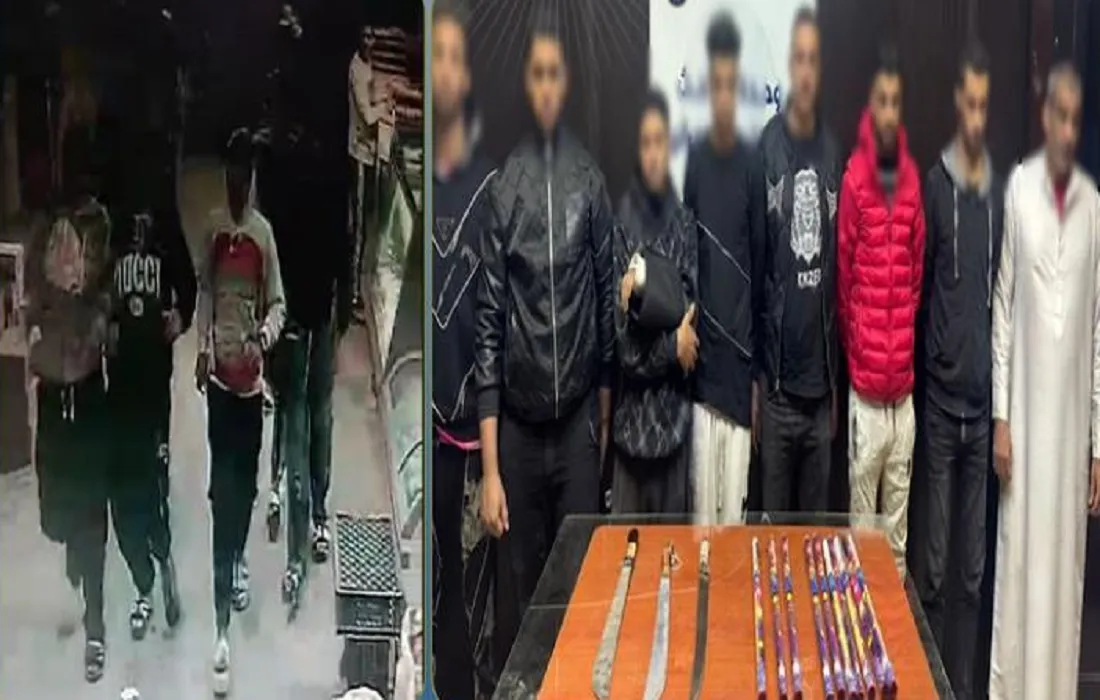 أبطال المشاجرة الدامية في العمرانية على اليمين وأمامهم الأسلحة المستخدمة في الواقعة – والصورة على اليسار مشهد حي من خلال فيديو مسجل للواقعة