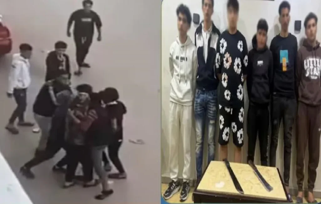 الصورة على اليمين طرفي المشاجرة بعد القبض عليهم – والصورة على اليسار لقطة للمعركة الدامية للطرفين
