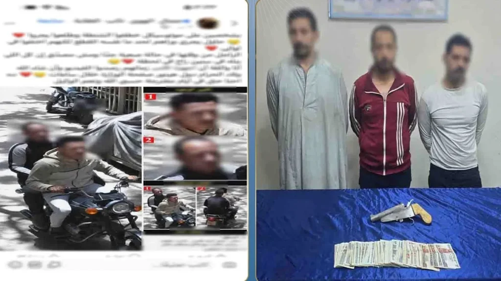 الصورة على اليمين للثلاثة متهمين الذين خططوا لعملية الخطف – والصورة على الشمال لصورة من واقع فيديو مسجل للواقعة