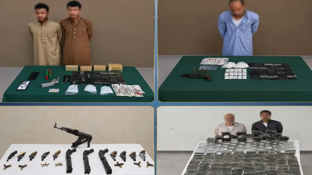 بعض المتهمين وأمامهم جانب من المضبوطات