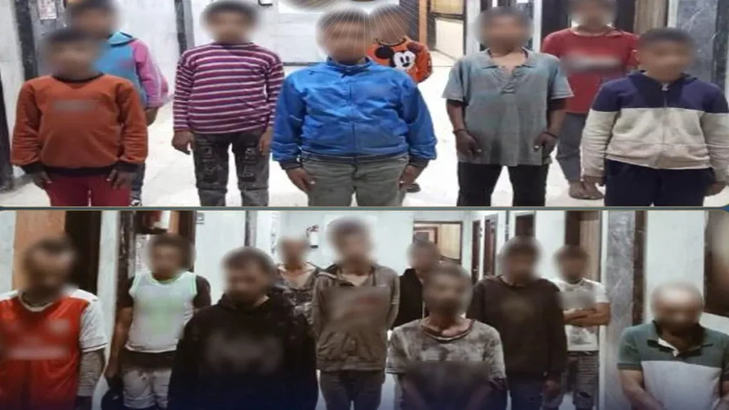 الصورة في الأعلى بعض المتهمين باستغلال الأطفال في أعمال التسول .. والصورة في الأسفل لهؤلاء الأطفال