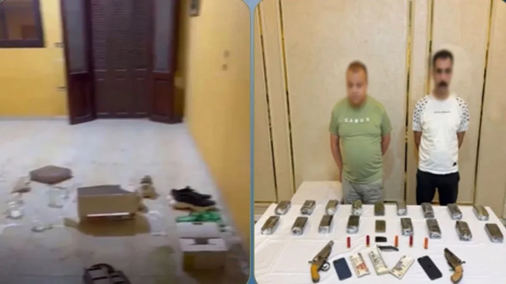 متهمان والمضبوطات أمامهم من المخدرات والأسلحة – والصورة في الجانب الأيسر للقطة للشقة من واقع مقطع فيديو